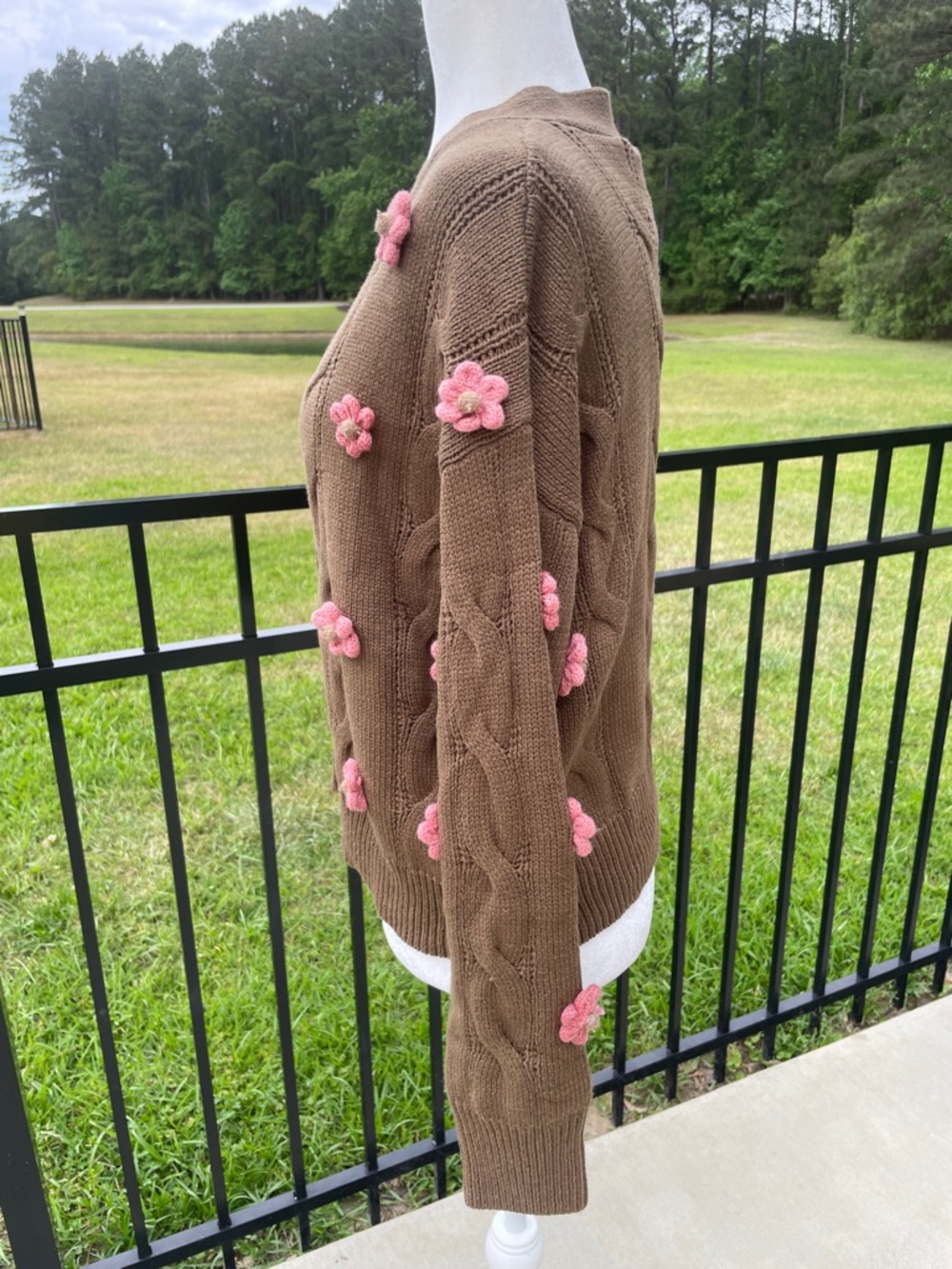 Storia Brown Cable Knit Cardigan with Pink 3D Embroidered Flower Accents - Picture 5 of 11